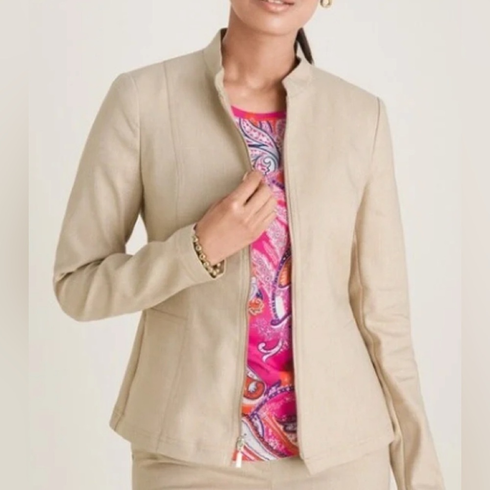 Chico's Size 1 Gold Foiled Linen Blend Jacket (Standard SZ 8/10) Summer Shimmer